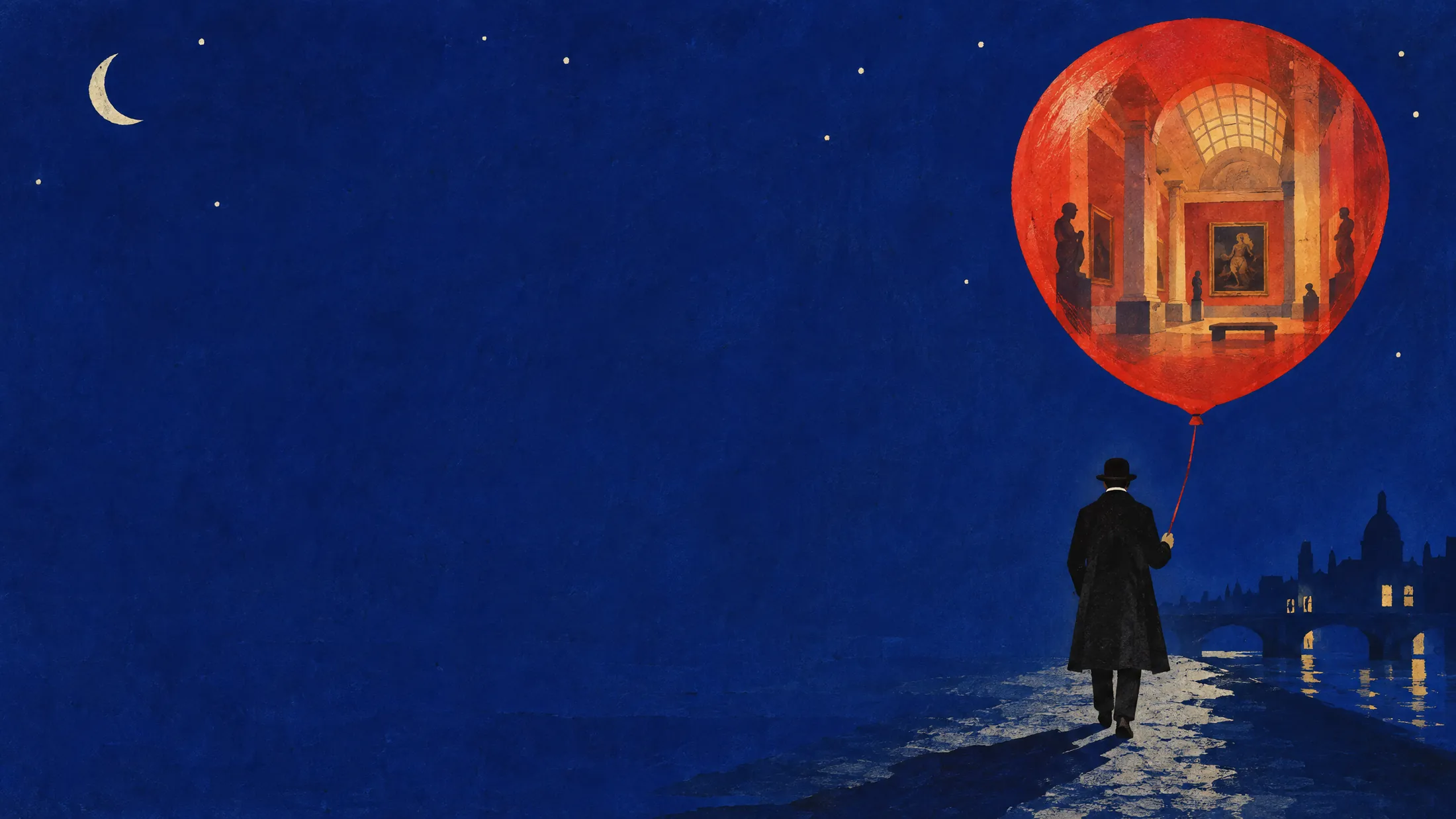 Plakat: nocą mężczyzna w meloniku odchodzi, trzymając czerwony balon, w którym świeci maleńka sala muzeum.