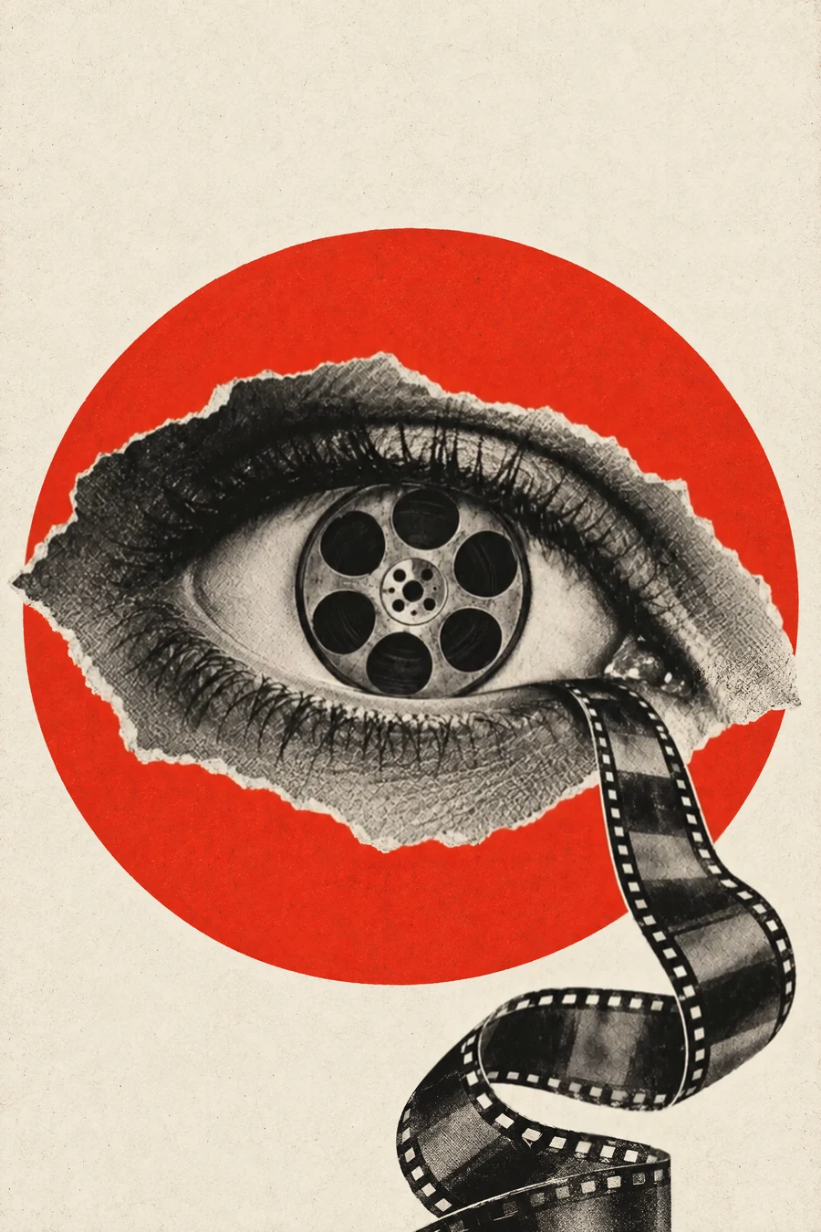 Plakat: fotomontaż oka, którego tęczówką jest szpula filmowa; z kącika oka spływa taśma jak łza.