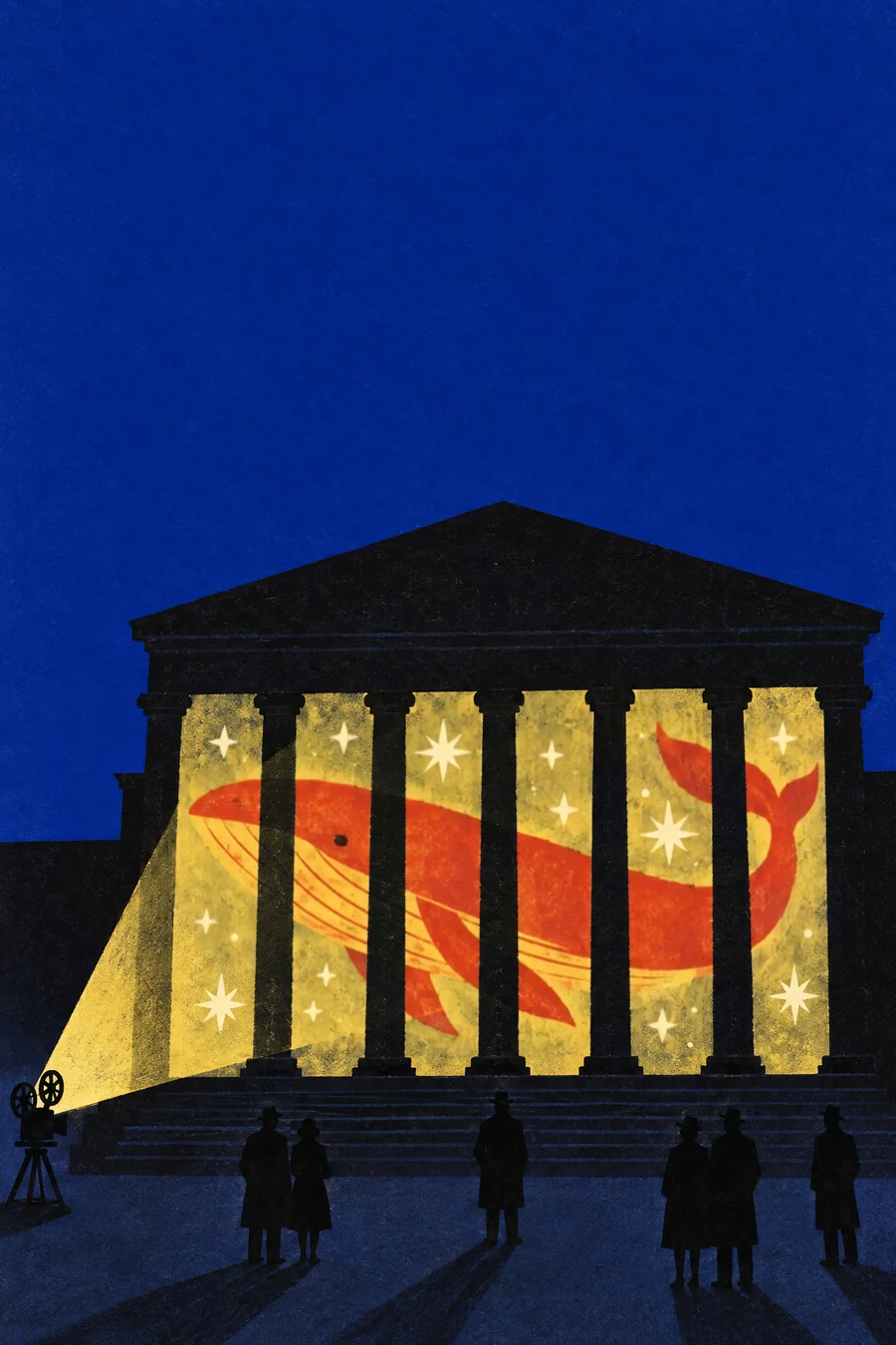 Plakat: nocą projektor rzuca na fasadę muzeum z kolumnami ogromnego wieloryba wśród gwiazd.