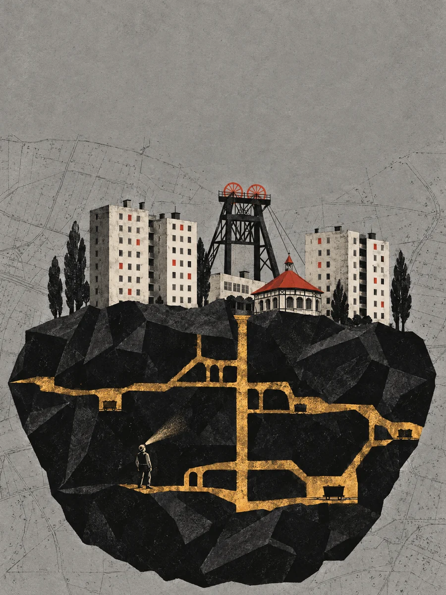 Plakat: z wielkiej bryły węgla, w której świecą chodniki kopalni, wyrastają bloki, szyb i pawilon zdrojowy.
